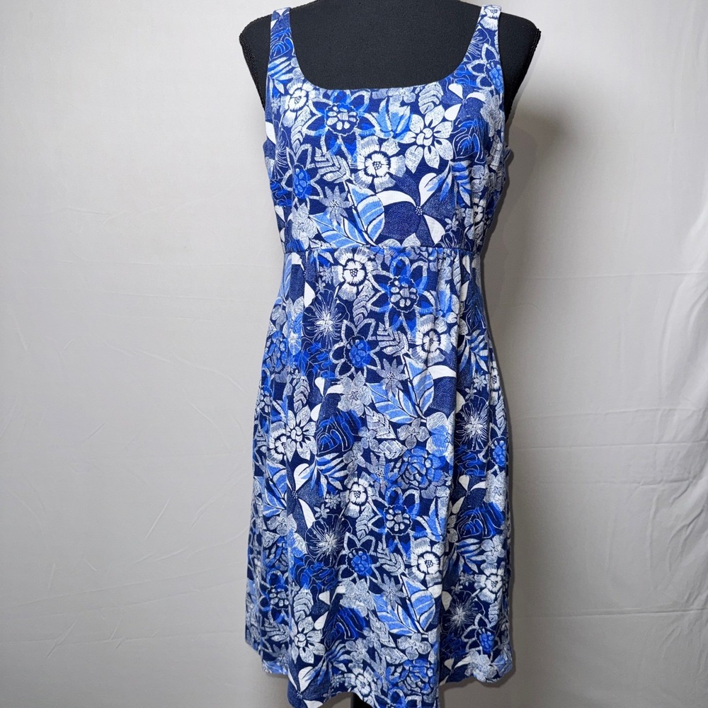 Tommy Bahama Blue White Floral Tropical Empire Waist Sleeveless Dress Small